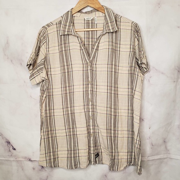 WOOLRICH Cotton Blend Plaid Button Down Short Sleeve Blouse XL - Picture 1 of 10